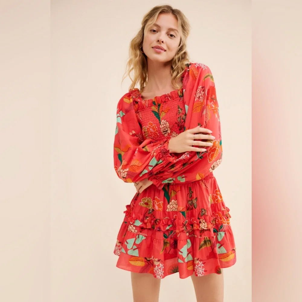 Farm Rio Long-Sleeve Square-Neck Smocked Ruffle Mini Dress - Picture 4 of 4